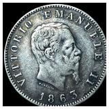 1863 Italy Silver 1 Lira (BN Mint) NICELY CIRCULAT