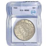 1922 Silver Peace Dollar ICG MS62