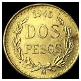 1945 Mexico Gold 2 Pesos UNCIRCULATED