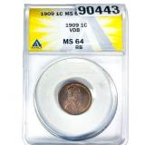 1909 VDB Wheat Cent ANACS MS64 RB