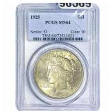 1925 Silver Peace Dollar PCGS MS64