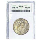 1943 Walking Liberty Half Dollar ANACS MS64