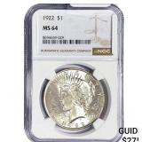 1922 Silver Peace Dollar NGC MS64