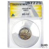 1913-D Buffalo Nickel ANACS MS62 VAR 1