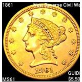 1861 New Reverse Civil War $2.50 Gold Quarter Eagl