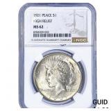 1921 Silver Peace Dollar NGC MS62 High Relief