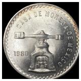 1980 Mexico Silver 1 Onza .925 Silver Coin GEM BU