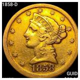 1858-D $5 Gold Half Eagle HIGH GRADE+