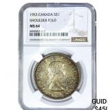 1953 $1 Sliver Canada Shoulder Fold NGC MS64