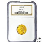1874 $3 Gold Piece NGC MS62