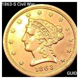 1863-S Civil War $2.50 Gold Quarter Eagle CHOICE A
