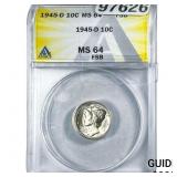 1945-D Mercury Silver Dime ANACS MS64 FSB