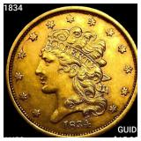 1834 $5 Gold Half Eagle CHOICE AU