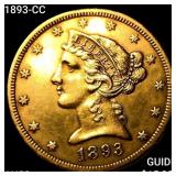 1893-CC $5 Gold Half Eagle CHOICE AU