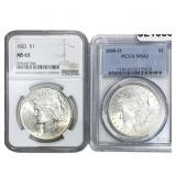 [2 Coins] 1888-1922 Silver Morgan & Peace $1 MS63