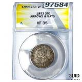 1853 Seated Liberty Quarter ANACS VF35 Arrows & Ra