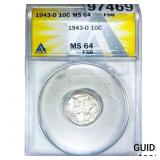 1943-D Mercury Silver Dime ANACS MS64 FSB