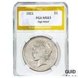 1921 Silver Peace Dollar PGA MS63 High Relief