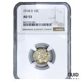 1918-D Mercury Silver Dime NGC AU53