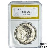 1921 Silver Peace Dollar PGA MS63 High Relief
