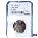 1909 Sweden Bronze 5 Ore Small Cross NGC AU58 BN