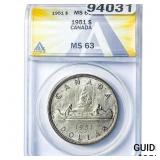 1951 Canada Silver Dollar ANACS MS63