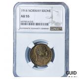 1914 Norway Silver 1 Krone NGC AU55