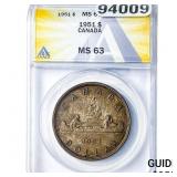 1951 Canada Silver Dollar ANACS MS63