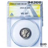 1921-D Mercury Silver Dime ANACS VG10