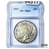 1934 Silver Peace Dollar ICG MS61