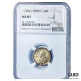1930[C] British India Silver 1/4 Rupee NGC MS64