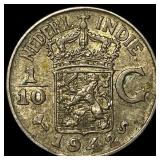 1942-D Netherlands East Indies Silver 1/10 Gulden