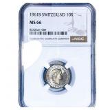 1961B Switzerland Copper Nickel 10 Rappen NGC MS66