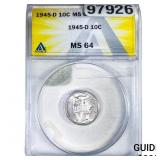 1945-D Mercury Silver Dime ANACS MS64