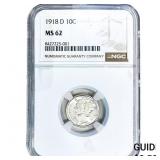1918-D Mercury Silver Dime NGC MS62