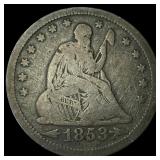 1853 Arrows/Rays Seated Liberty Quarter LIGHTLY CI