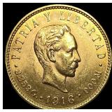 1916 Cuba .2419oz Gold 5 Pesos CHOICE BU