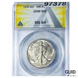 1939 Walking Liberty Half Dollar ANACS MS64