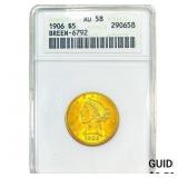 1906 $5 Gold Half Eagle ANACS AU58 Breen-6792