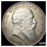 1902G German States Baden Silver 5 Mark KM-274