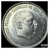 1957 Spain Copper Nickel 25 Pesteas
