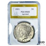 1921 Silver Peace Dollar PGA MS65 High Relief