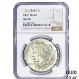 1921 Silver Peace Dollar NGC MS64 High Relief