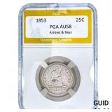 1853 Seated Liberty Quarter PGA AU58 Arrows & Rays