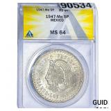 1947-Mo Mexico Silver 5 Pesos ANACS MS64
