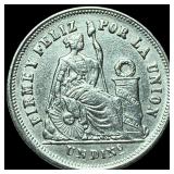 1866 Peru Silver Un Dinero Lima Mint CHOICE AU