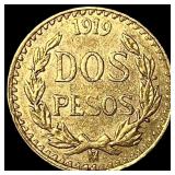 1919 Mexico Gold 2 Pesos CLOSELY UNCIRCULATED