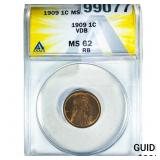 1909 VDB Wheat Cent ANACS MS62 RB