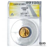 1909 VDB Wheat Cent ANACS MS64 RB