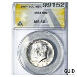 1964 Kennedy Half Dollar ANACS MS66